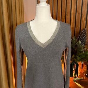 The Limited Mens Grey Ribbed Lace Trim V-Neck Long Sleeve Top‎ Size L